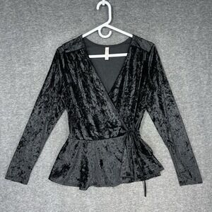 Y2K Peppermint Wrap Top Black Crushed Velvet Size M USA Made Fairy Whimsigoth